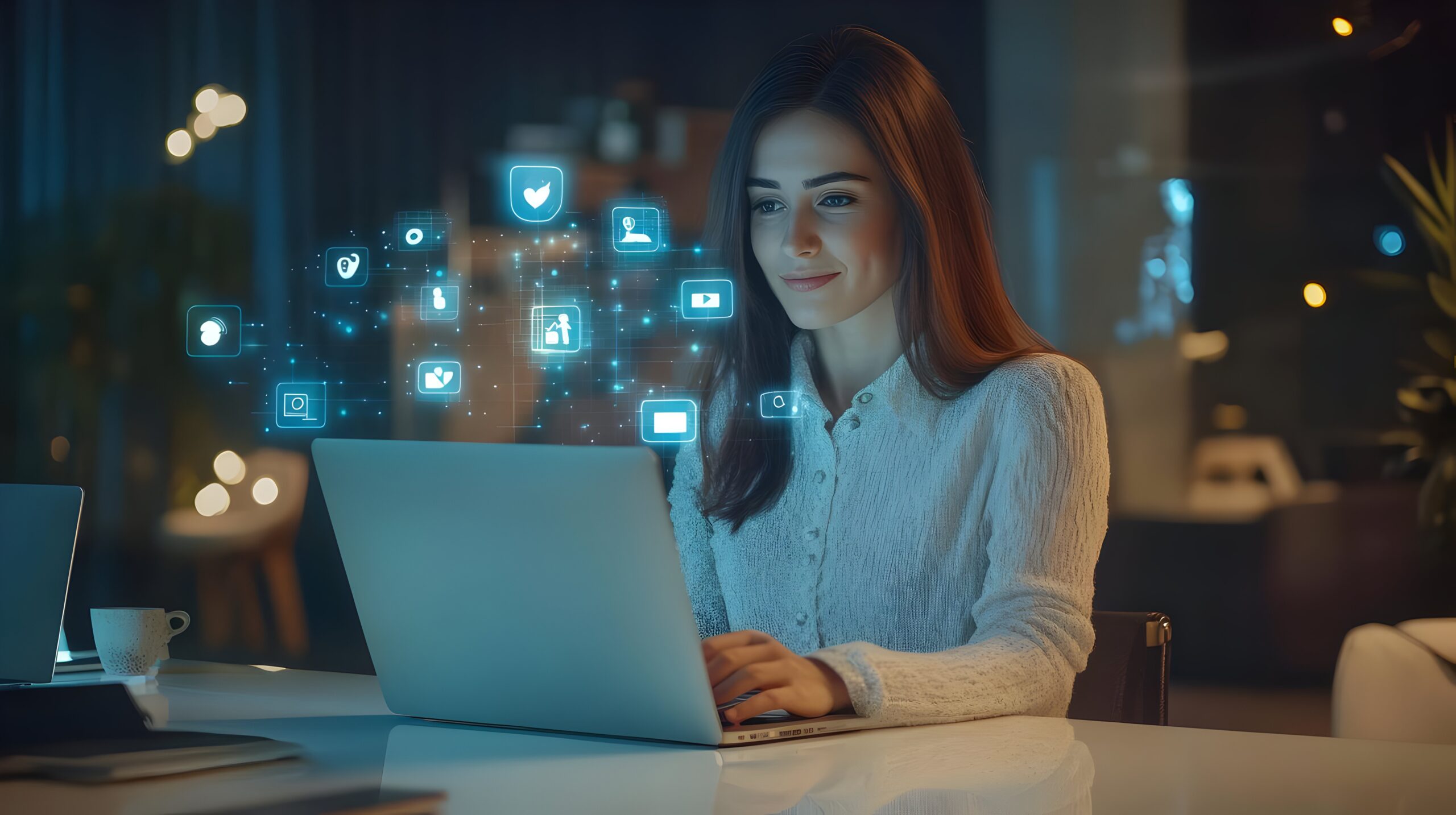 A creator at a desk with floating AI-powered tools